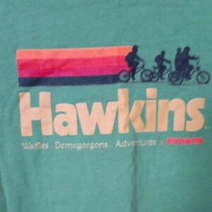 Hawkins stranger things Tee - Green 💚 with Multicolor retro rainbow 🌈
